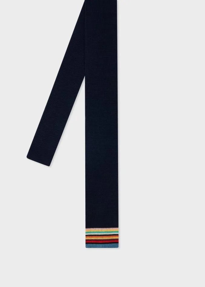 Mens Paul Smith Ties Navy Knitted Cotton Tie With 039Signature Stripe039 Tip