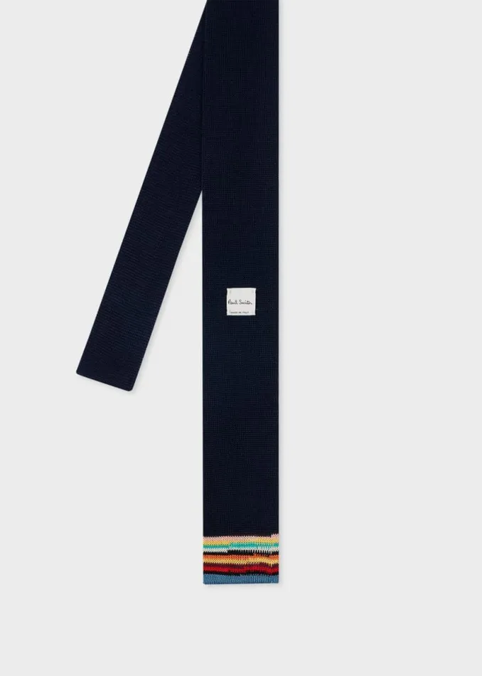 Mens Paul Smith Ties Navy Knitted Cotton Tie With 039Signature Stripe039 Tip Mens Paul Smith Ties Navy Knitted Cotton Tie With 039Signature Stripe039 Tip