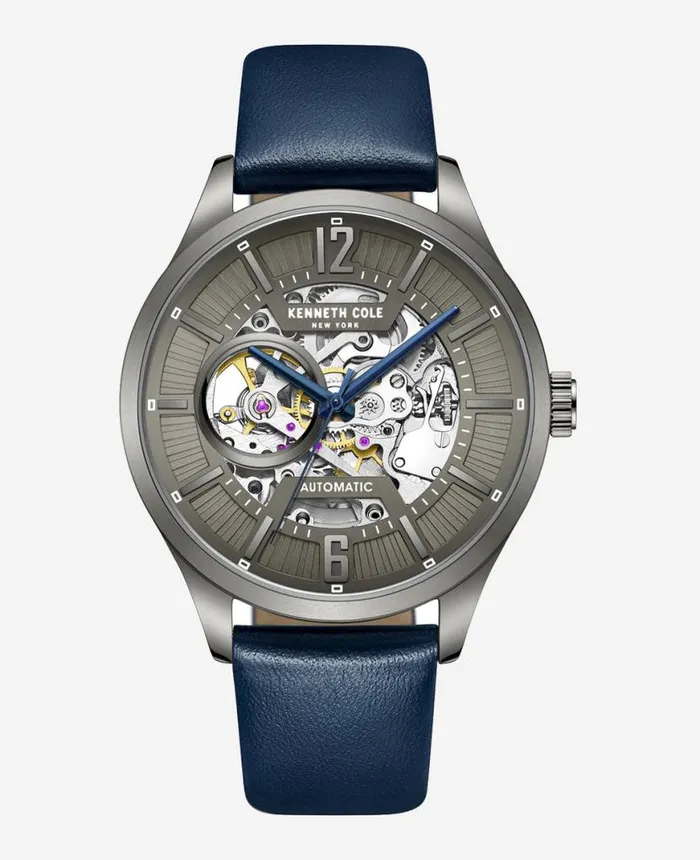 Mens Watches Men Kenneth Cole Automatic Skeleton Leather Strap Watch Blue