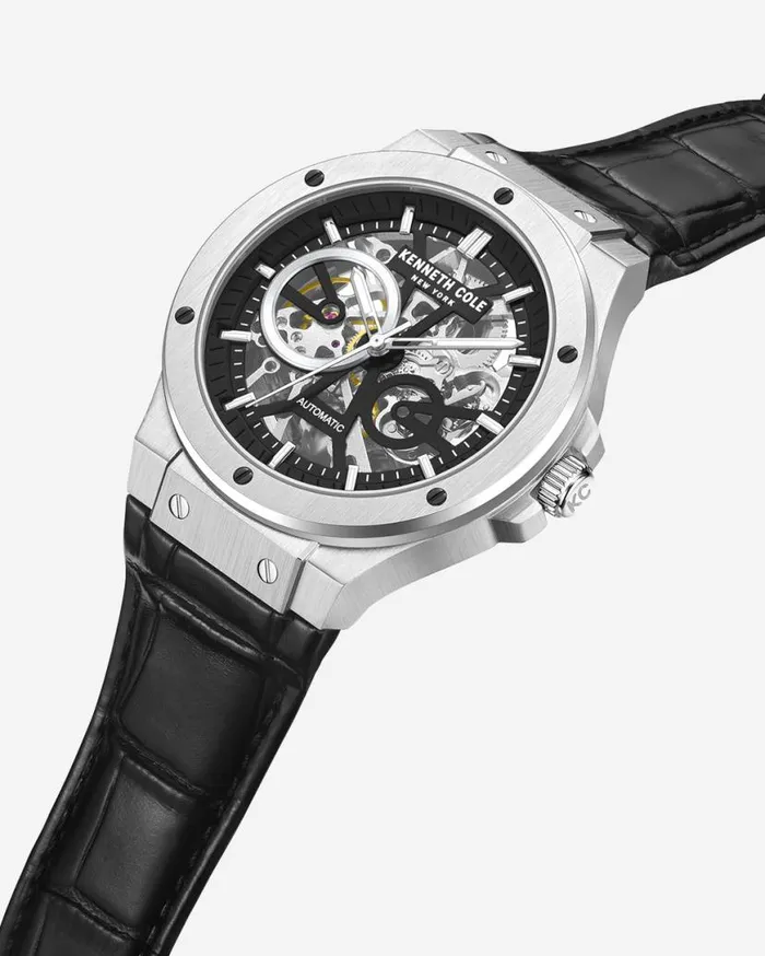 Mens Watches Men Kenneth Cole Kenneth Cole New York Automatic Stainless Steel Watch With Black Leather Strap Black Mens Watches Men Kenneth Cole Kenneth Cole New York Automatic Stainless Steel Watch With Black Leather Strap Black