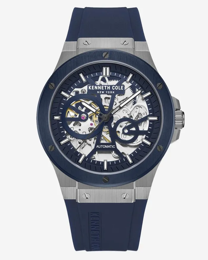 Mens Watches Men Kenneth Cole Kenneth Cole New York Automatic TwoTone Gunmetal Stainless Steel Watch With Blue Leather Strap Blue