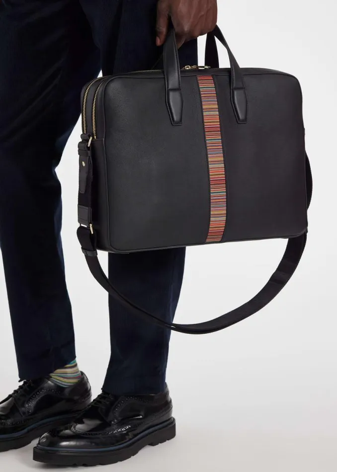 MensWomens Paul Smith Bags Black Leather 039Signature Stripe039 Business DoubleZip Folio MensWomens Paul Smith Bags Black Leather 039Signature Stripe039 Business DoubleZip Folio