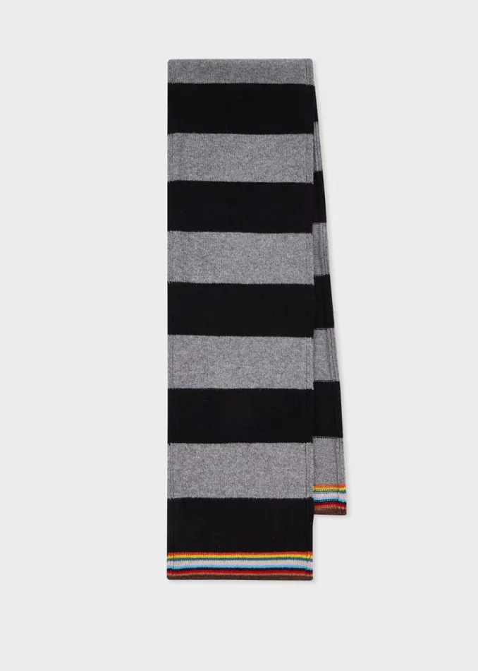 MensWomens Paul Smith Scarves Black And Grey Block Stripe Scarf With 039Signature Stripe039 Trim MensWomens Paul Smith Scarves Black And Grey Block Stripe Scarf With 039Signature Stripe039 Trim