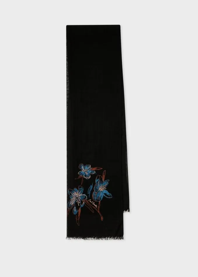 MensWomens Paul Smith Scarves Black Magnolia Embroidered Scarf