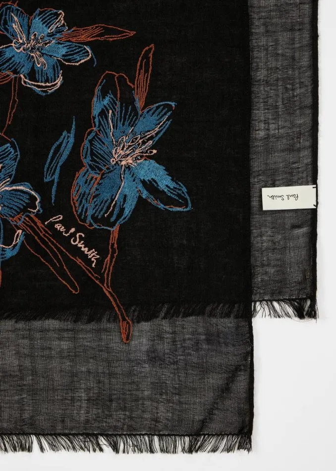 MensWomens Paul Smith Scarves Black Magnolia Embroidered Scarf MensWomens Paul Smith Scarves Black Magnolia Embroidered Scarf