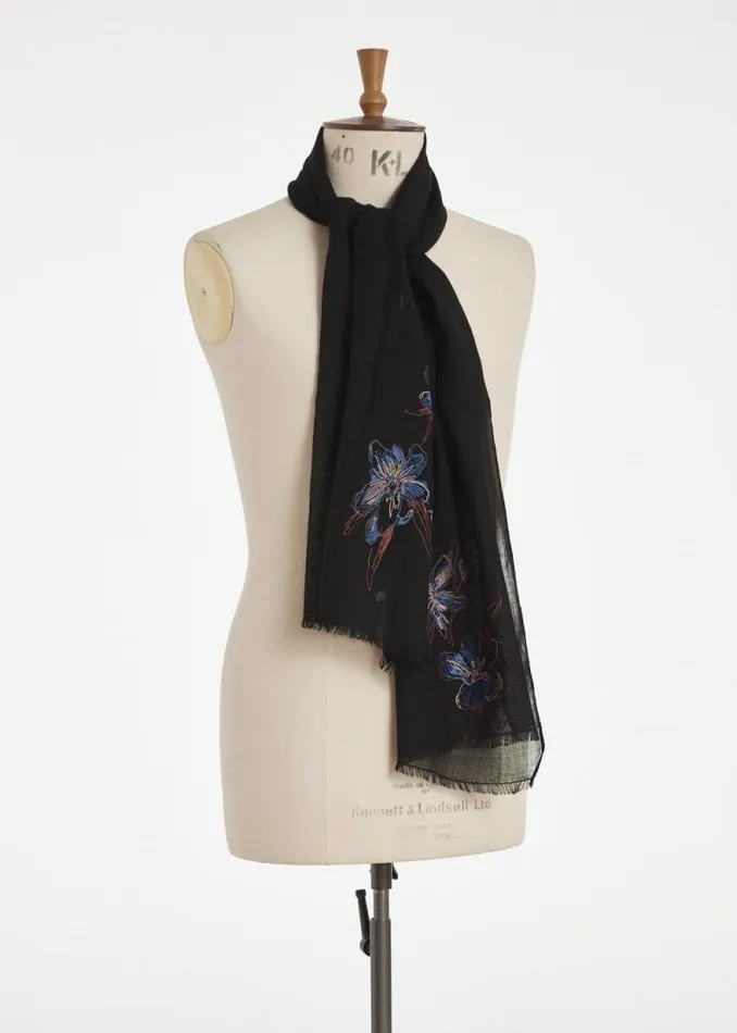 MensWomens Paul Smith Scarves Black Magnolia Embroidered Scarf MensWomens Paul Smith Scarves Black Magnolia Embroidered Scarf