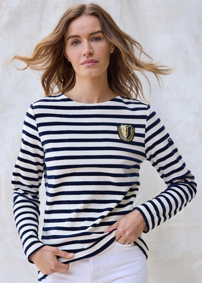 Meridame Campus Fancy Breton Shirt Top With Velvet Stripes And Vintage Crest Heavyweight Cotton Blend Ivorynavy Women Saint James Aw24 Meridame Campus Fancy Breton Shirt Top With Velvet Stripes And Vintage Crest Heavyweight Cotton Blend Ivorynavy Women Saint James Aw24