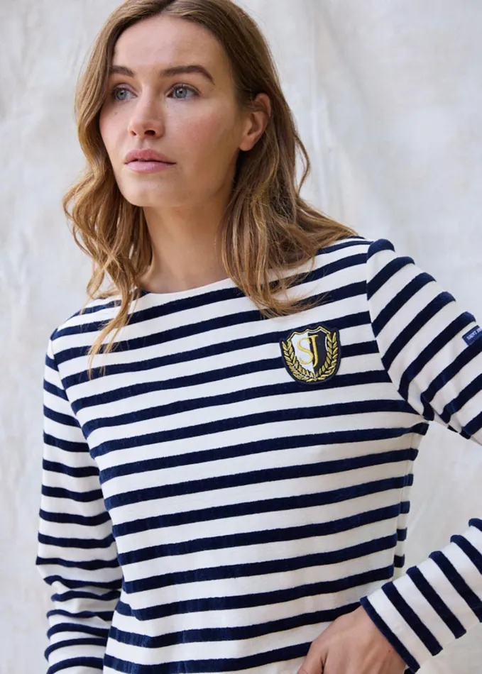 Meridame Campus Fancy Breton Shirt Top With Velvet Stripes And Vintage Crest Heavyweight Cotton Blend Ivorynavy Women Saint James Aw24