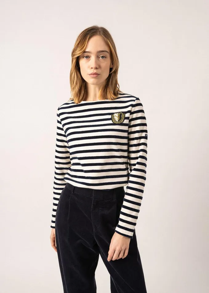 Meridame Campus Fancy Breton Shirt Top With Velvet Stripes And Vintage Crest Heavyweight Cotton Blend Ivorynavy Women Saint James Aw24