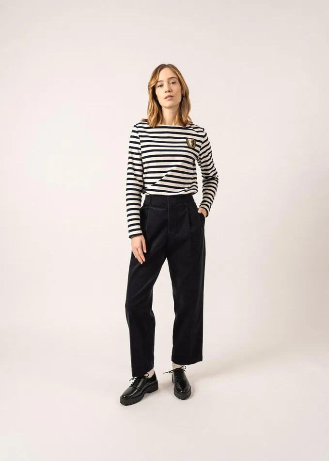 Meridame Campus Fancy Breton Shirt Top With Velvet Stripes And Vintage Crest Heavyweight Cotton Blend Ivorynavy Women Saint James Aw24