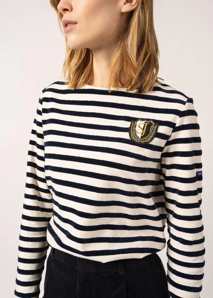 Meridame Campus Fancy Breton Shirt Top With Velvet Stripes And Vintage Crest Heavyweight Cotton Blend Ivorynavy Women Saint James Aw24