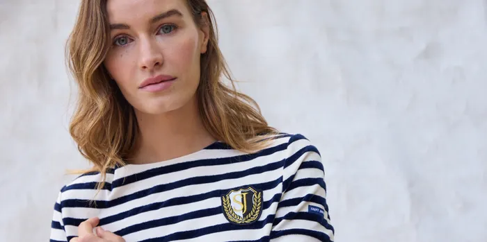 Meridame Campus Fancy Breton Shirt Top With Velvet Stripes And Vintage Crest Heavyweight Cotton Blend Ivorynavy Women Saint James Aw24