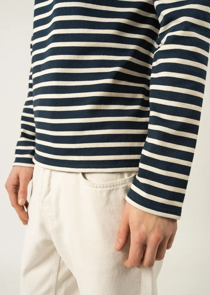 Meridien Moderne Original Breton Shirt Heavyweight Cotton Navyecru Men Saint James Breton Striped Shirts