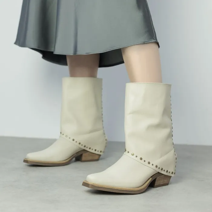 MidCalf Boots Women Moda In Pelle Oggio Off White Leather