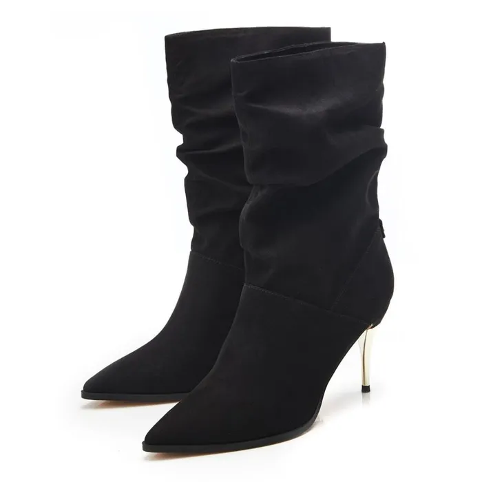 MidCalf Boots Women Moda In Pelle Rochettie Black Alcantara