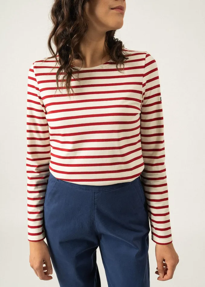Minquidame Breton Striped Shirt With Long Sleeve Soft Cotton Ecrumaroon Women Saint James Breton Striped Shirts