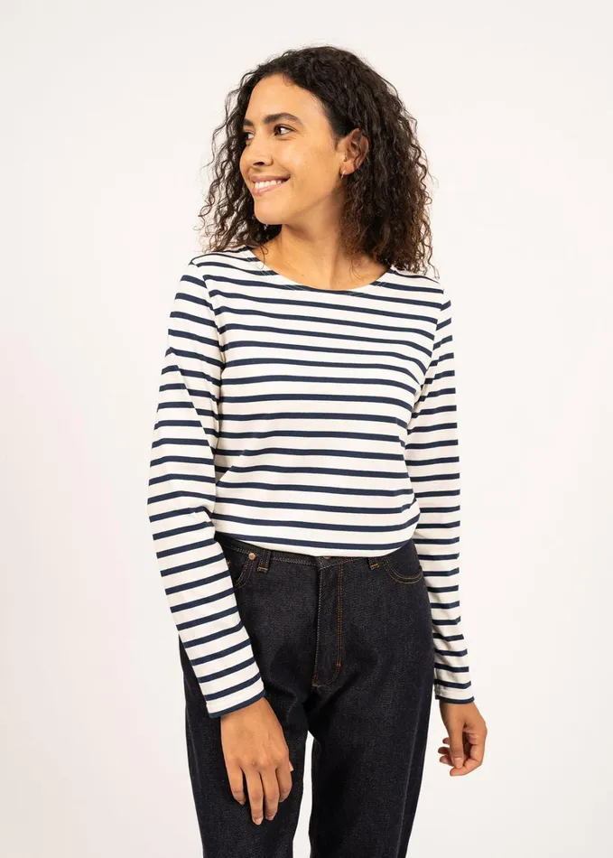 Minquidame Breton Striped Shirt With Long Sleeve Soft Cotton Ecrunavy Women Saint James Breton Striped Shirts