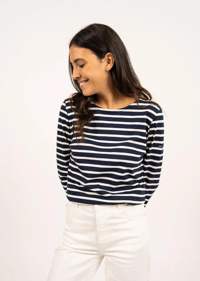 Minquidame Breton Striped Shirt With Long Sleeve Soft Cotton Navyecru Women Saint James Breton Striped Shirts