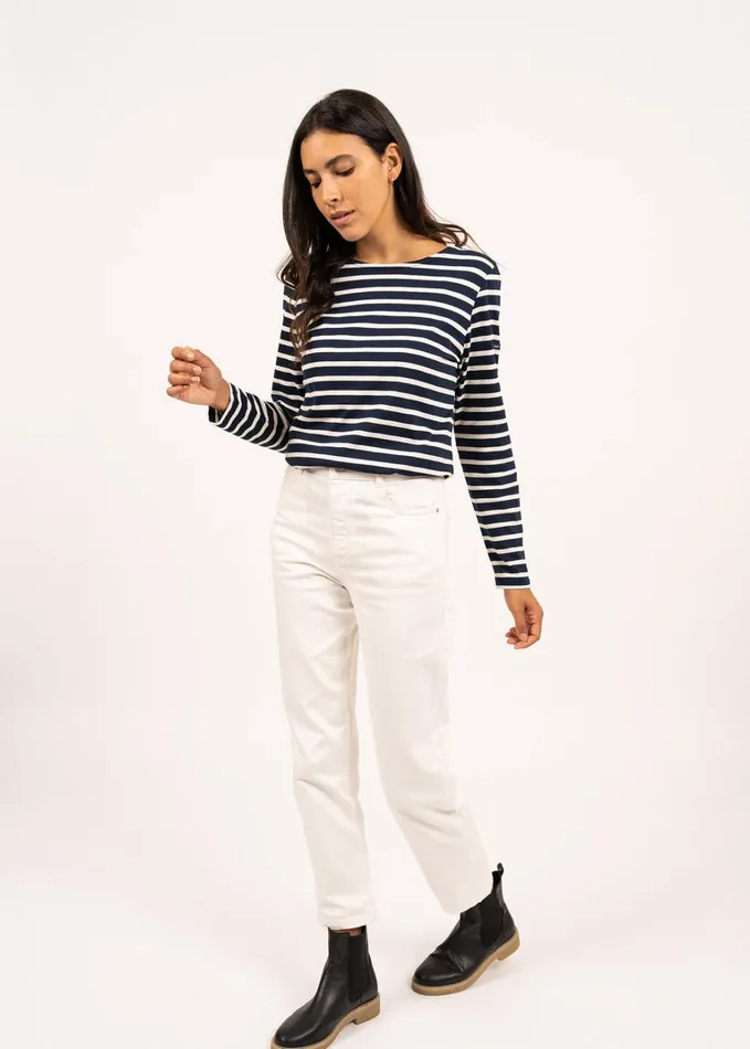 Minquidame Breton Striped Shirt With Long Sleeve Soft Cotton Navyecru Women Saint James Breton Striped Shirts