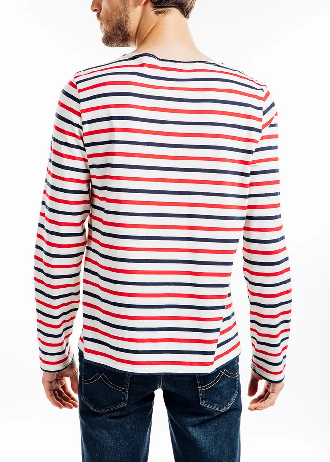 Minquiers Moderne TriColor Striped Shirt Lightweight Cotton Ecrunavyred Men Saint James Breton Striped Shirts