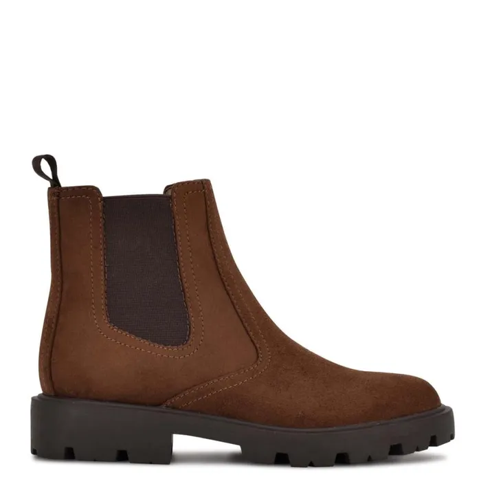 Nine West Boots and Booties Women Yullon Lug Sole Chelsea Booties Brown Stretch Suede