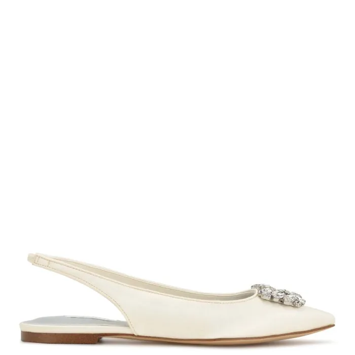 Nine West Flats Women Blingy Slingback Flats Ivory Crystal Satin