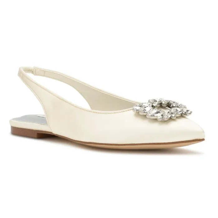 Nine West Flats Women Blingy Slingback Flats Ivory Crystal Satin