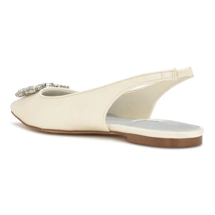 Nine West Flats Women Blingy Slingback Flats Ivory Crystal Satin