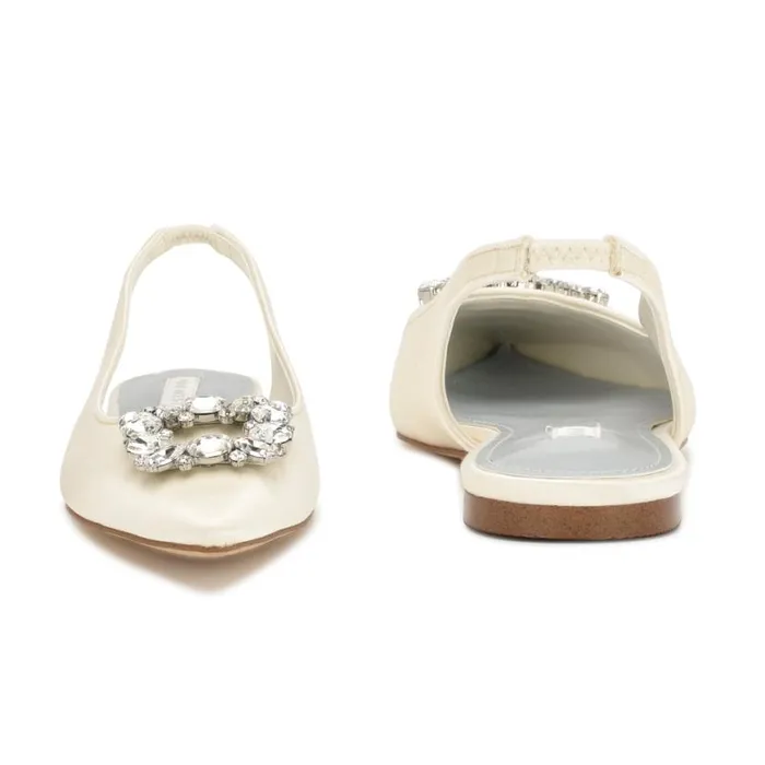 Nine West Flats Women Blingy Slingback Flats Ivory Crystal Satin