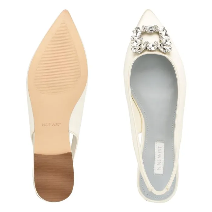 Nine West Flats Women Blingy Slingback Flats Ivory Crystal Satin