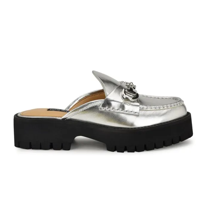 Nine West Flats Women Duntal Lugsole Loafer Mules Silver