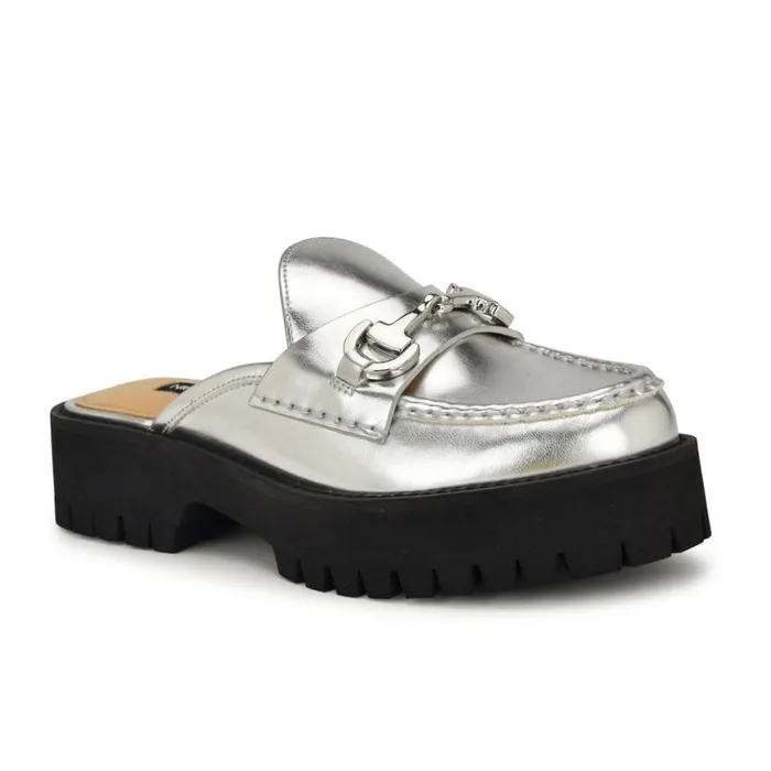 Nine West Flats Women Duntal Lugsole Loafer Mules Silver Nine West Flats Women Duntal Lugsole Loafer Mules Silver