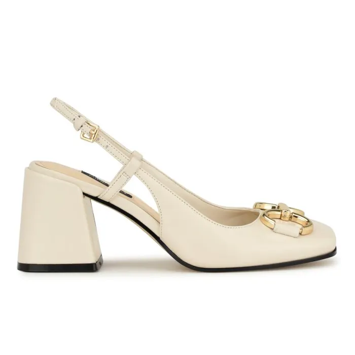 Nine West Heels Women Cast Block Heel Slingback Pumps Ivory Leather