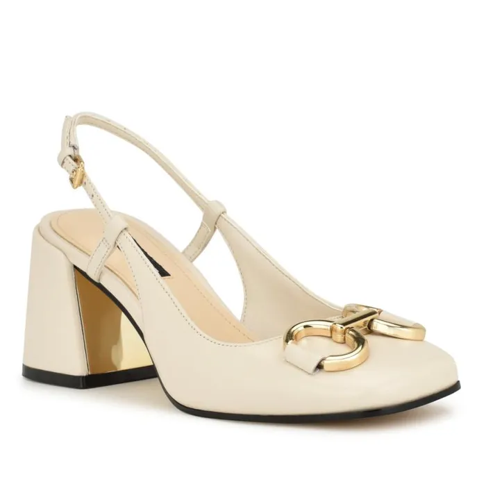 Nine West Heels Women Cast Block Heel Slingback Pumps Ivory Leather Nine West Heels Women Cast Block Heel Slingback Pumps Ivory Leather