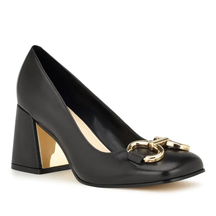 Nine West Heels Women Caven Block Heel Pumps Black Leather