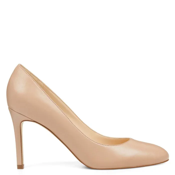 Nine West Heels Women Dylan Round Toe Pumps Barely Nude Leather
