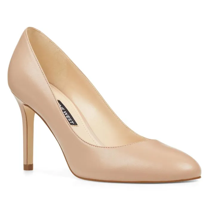 Nine West Heels Women Dylan Round Toe Pumps Barely Nude Leather