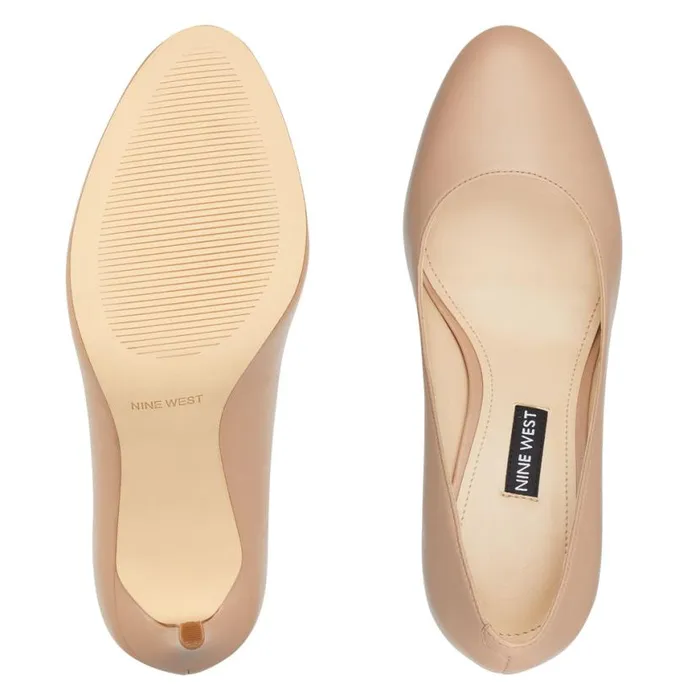 Nine West Heels Women Dylan Round Toe Pumps Barely Nude Leather