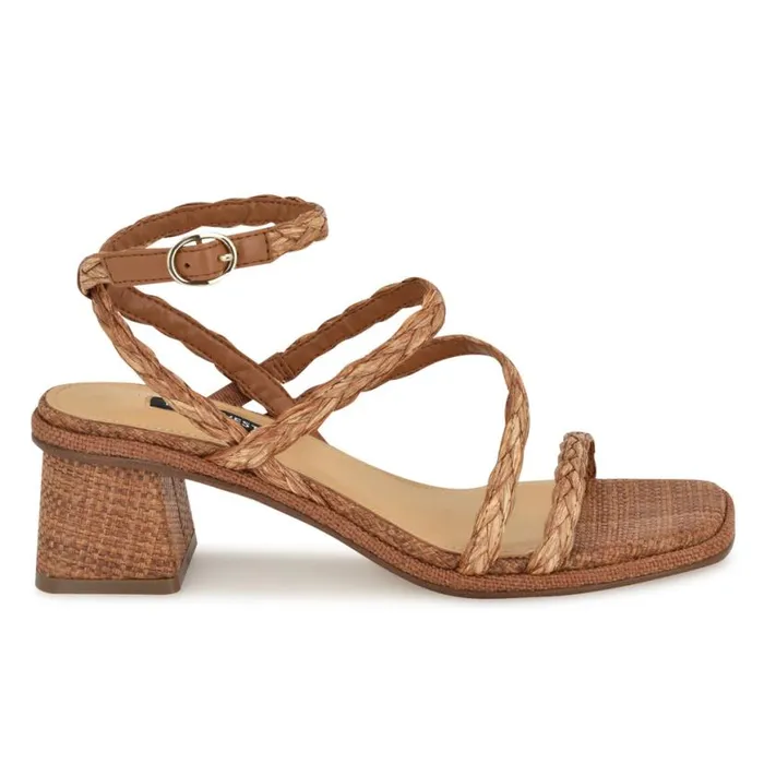 Nine West Heels Women Emolly Raffia Block Heel Sandals Brown Raffia