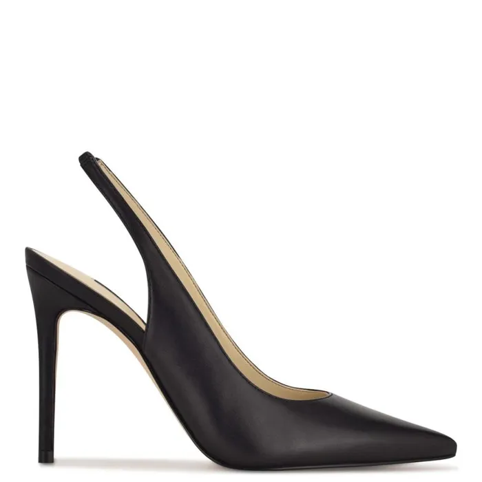 Nine West Heels Women Feather Pointy Toe Slingback Pumps Black Leather