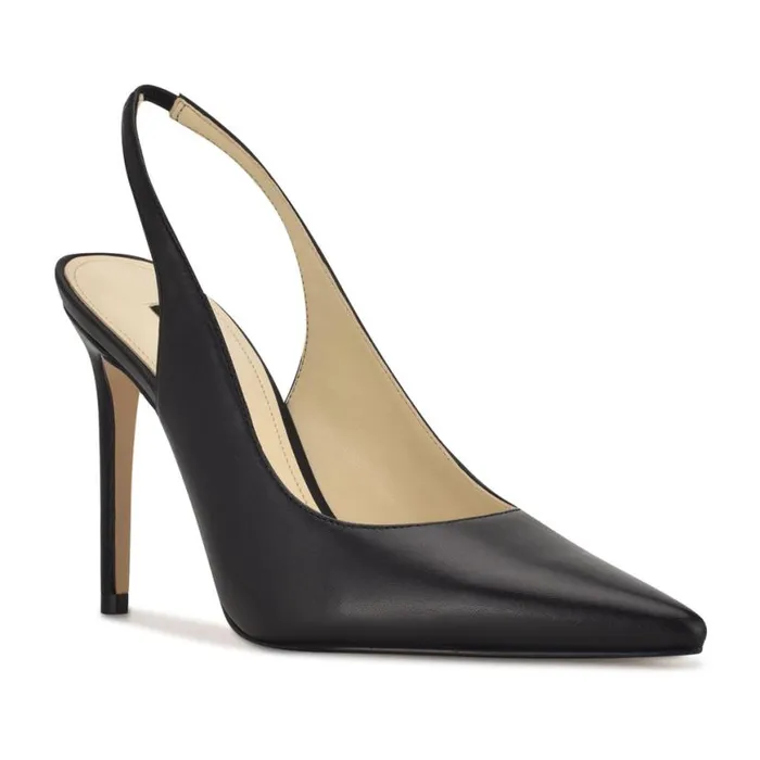 Nine West Heels Women Feather Pointy Toe Slingback Pumps Black Leather Nine West Heels Women Feather Pointy Toe Slingback Pumps Black Leather