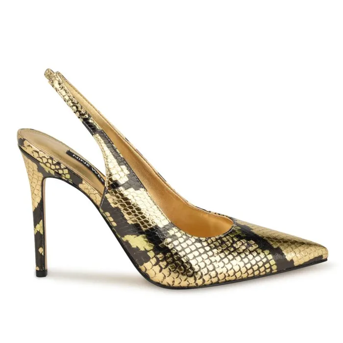 Nine West Heels Women Feather Pointy Toe Slingback Pumps Gold Snake