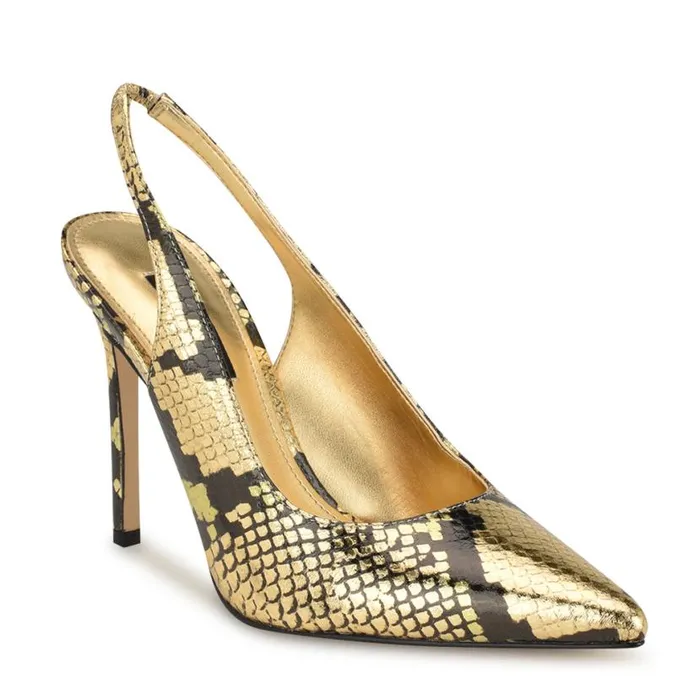 Nine West Heels Women Feather Pointy Toe Slingback Pumps Gold Snake