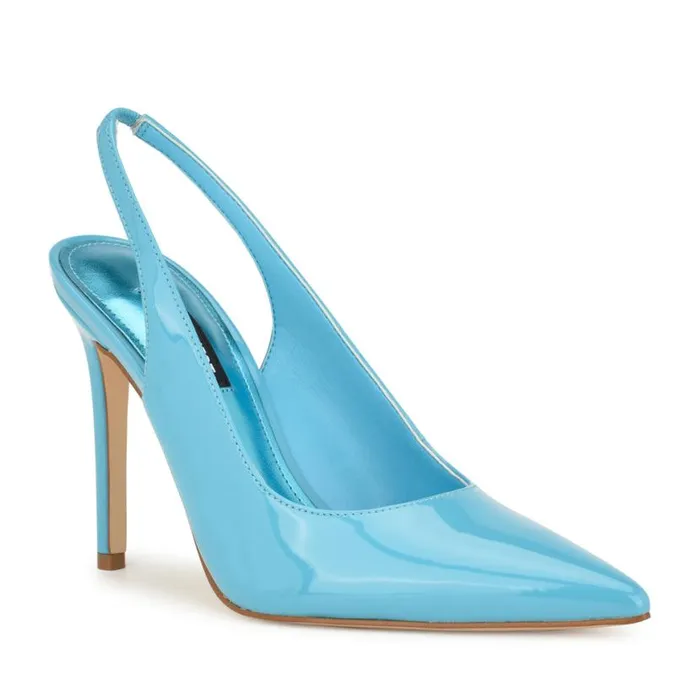 Nine West Heels Women Feather Pointy Toe Slingback Pumps Light Blue Patent