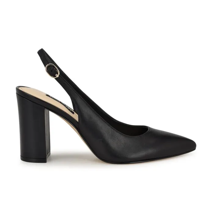 Nine West Heels Women Gompell Block Heel Slingback Pumps Black Leather