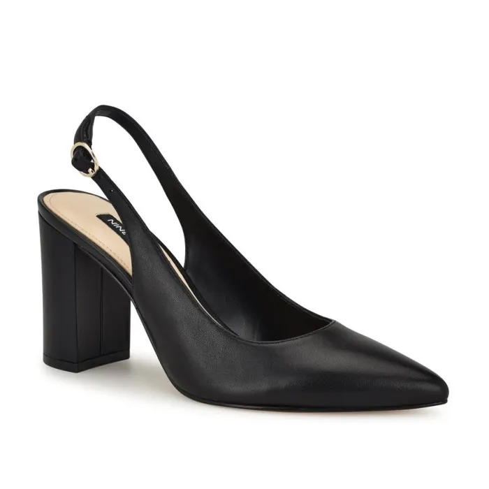 Nine West Heels Women Gompell Block Heel Slingback Pumps Black Leather