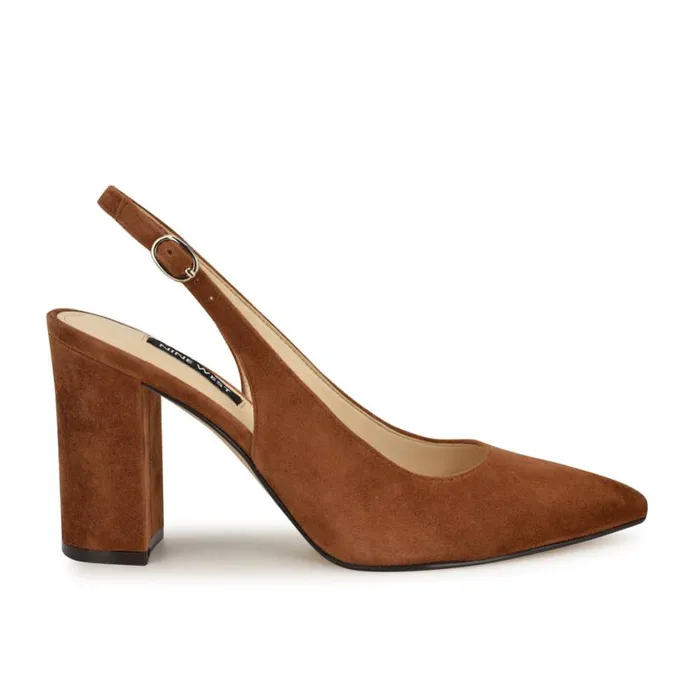 Nine West Heels Women Gompell Block Heel Slingback Pumps Brown Suede