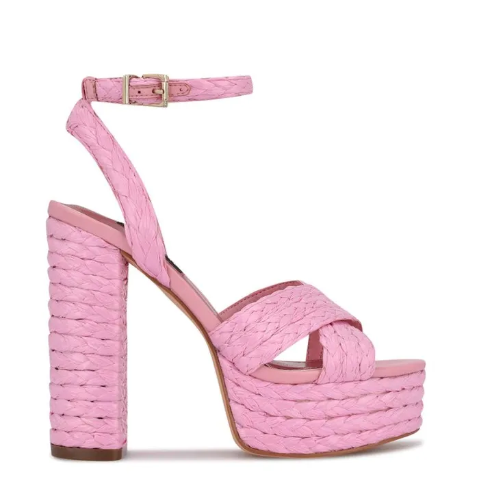 Nine West Heels Women Hadyn Platform Sandals New Pink Raffia