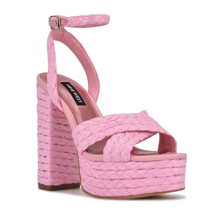 Nine West Heels Women Hadyn Platform Sandals New Pink Raffia