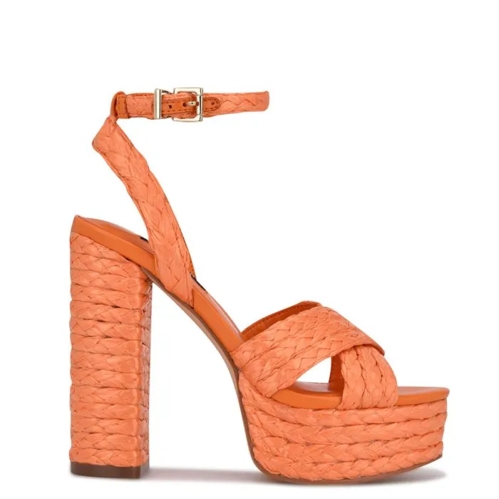Nine West Heels Women Hadyn Platform Sandals Vivid Orange Raffia